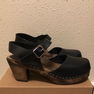 Lotta’s wooden black leather clog wedges. Size 38 (W8).